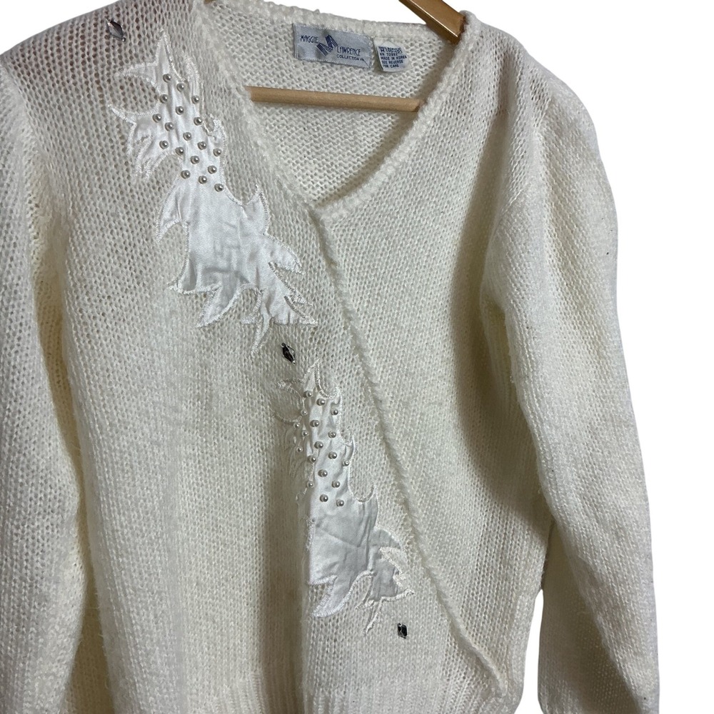 Maggie Lawrence Vintage Cream Sweater Pearl Rhinestone Applique Medium Grandma - Picture 4 of 7